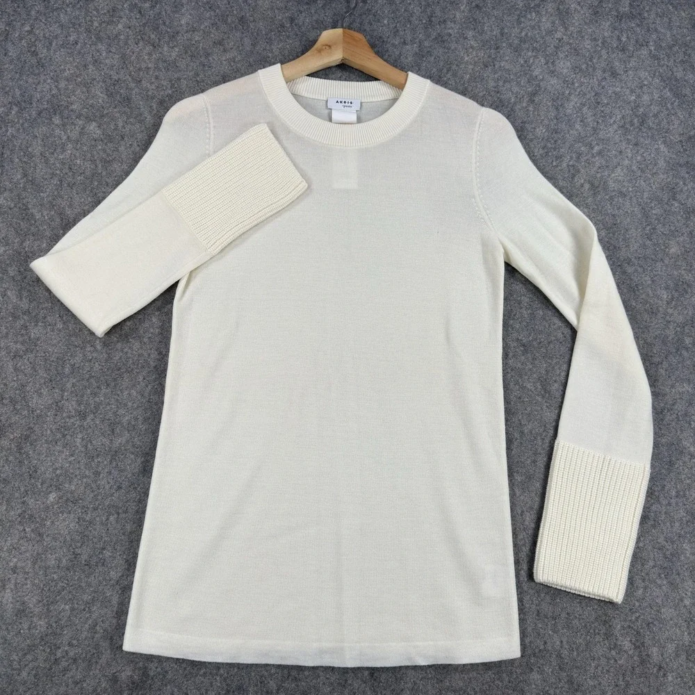 Akris Punto Sweater Womens Small White 100% Virgin Wool Crewneck Pullover Knit